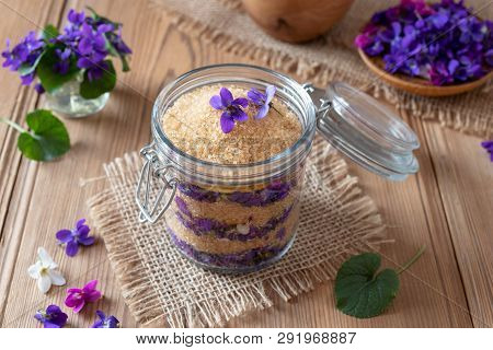 Preparation Of Homemade Syrup From Fresh Wood Violet Flowers And Cane Sugar