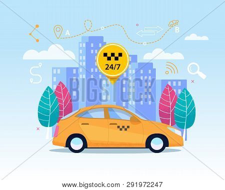 Yellow City Cab Transfer Service. Flat Banner With Business Cab On Cityscape. Yellow Car Cab Transpo