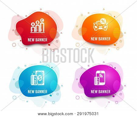 Liquid Badges. Set Of Payment, Car Leasing And Graph Chart Icons. Contactless Payment Sign. Cash Mon