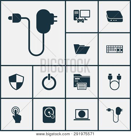 Computer Icons Set With Mini Pc, Joystick, Printing Machine And Other Multifunction Printer Elements