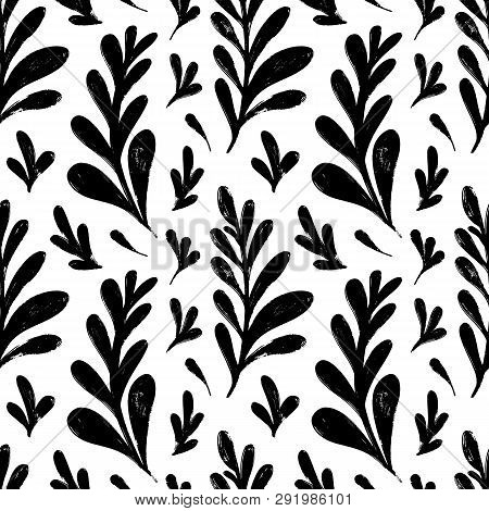 Vector Seamless Pattern With Ink Drawing Herbs, Spikelets, Monochrome Artistic Botanical Illustratio