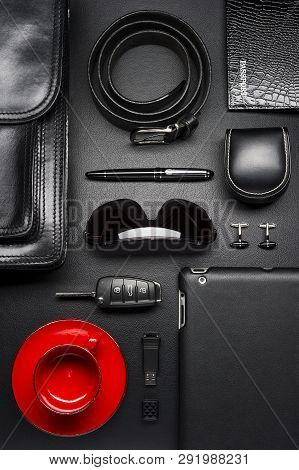 Man Accessories In Business Style With Empty Red Coffee Cup, Gadgets, Car Key, Cufflinks, Briefcase 