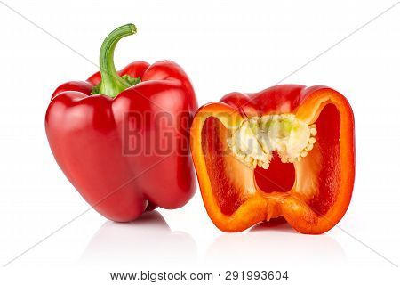 Group Of One Whole One Half Of Bulgarian Red Bell Pepper Isolated On White Background