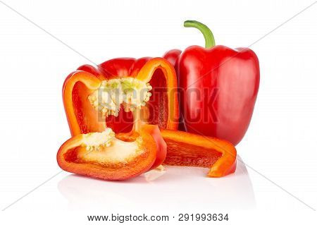 Group Of One Whole One Half Two Slices Of Bulgarian Red Bell Pepper Isolated On White Background