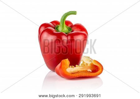 Group Of One Whole One Slice Of Bulgarian Red Bell Pepper Isolated On White Background