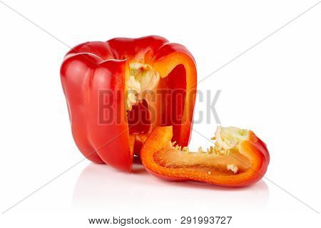 Group Of One Whole One Slice Of Bulgarian Red Bell Pepper Isolated On White Background