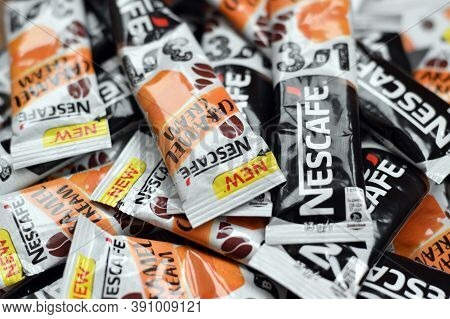 Many Nescafe Caramel Cream Coffee Sticks. Nescafe Is A Brand Of Coffee Made By Nestle, Swiss Multina