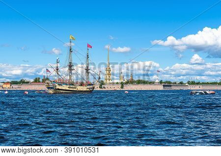 Russia, St. Petersburg, July 2020. The Restored Old Frigate Against The Background Of The Peter And 