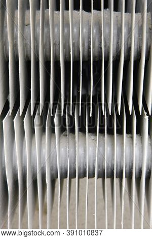 Metal Strips On The Old Radiator Grille Of The Battery, Close-up, Lifestyle