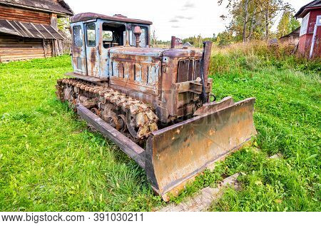 Borovichi, Russia - September 15, 2020: Old Soviet Arable Tractor Htz T-74. One Of The Most Mass Sov