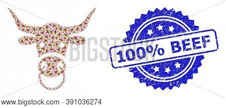 100 Percent Beef Grunge Stamp And Vector Fractal Mosaic Bull Head. Blue Stamp Has 100 Percent Beef C