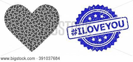 Hashtag Iloveyou Unclean Stamp Seal And Vector Fractal Collage Love Heart. Blue Stamp Seal Contains 