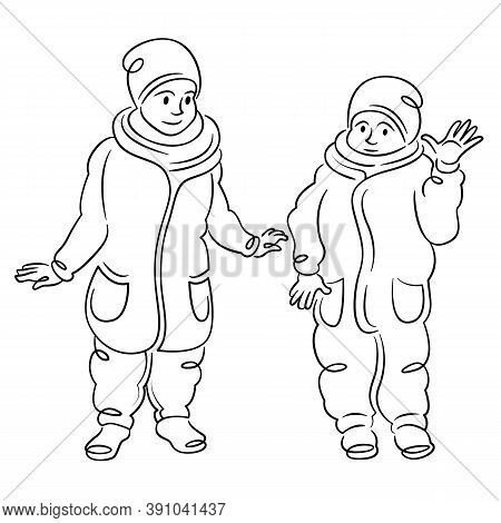 Two Small Children Are Walking In Winter Clothes. Continuous Single Line.flat Sketch Line Design Sty