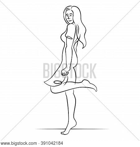 Young Woman With Long Hair In A Dress.continuous Single Line.flat Sketch Line Design Style Minimal A