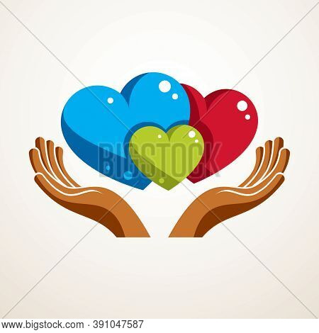 Happy Family Vector Logo Or Icon Created With Three Colorful Hearts Of Different Sizes And Care Hand