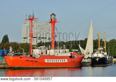 Kaliningrad, Russia - September 30, 2020: Ship Floating Lighthouse Irbensky Stands On The Roadstead 