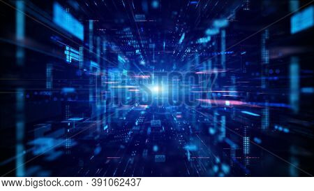 Blue Digital Cyberspace And Digital Data Network Connections Concept. Transfer Digital Data Hi-speed