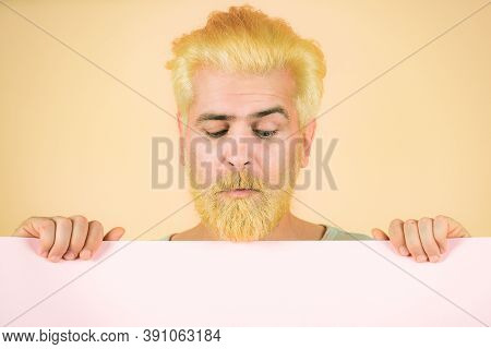 Insert Text Or Slogan. Man With Blank Sheet Paper. Copy Space For Advertising. Blank, Empty Paper, B