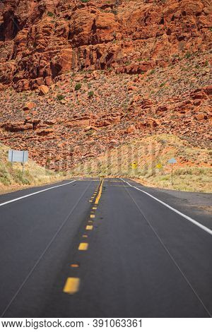 Asphalt Road Panorama In Countryside On Summer Day. Road Trip In Arizona Desert