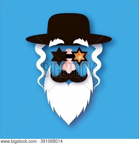 Jewish Man In Paper Craft Style. Jew Man Character In David Stars Glasses.