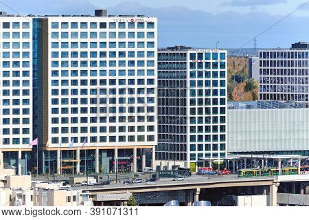 Helsinki, Finland - October 15, 2020: The Brand New Tripla Sokos Hotel, Workery Office Center, And P
