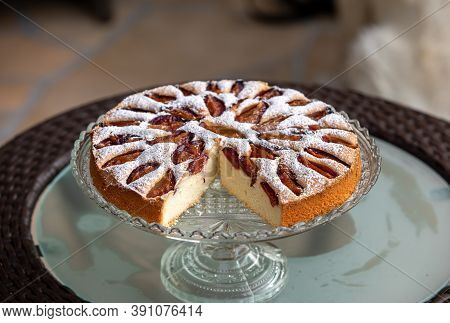 Delicious Plum Cake Sprinkled With Powdered Sugar