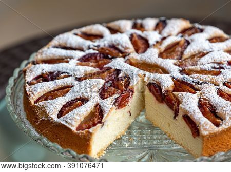 Delicious Plum Cake Sprinkled With Powdered Sugar
