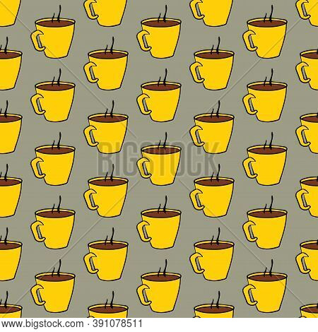 Pattern From Yellow Cups With Coffee On A Gray Background. Seamless Abstract Pattern For Design.