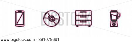 Set Line Smartphone, Mobile Phone, Furniture Nightstand, Cd Or Dvd Disk And Blender Icon. Vector