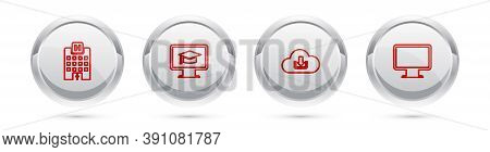 Set Line Medical Hospital Building, Monitor With Graduation Cap, Cloud Download And Computer Monitor