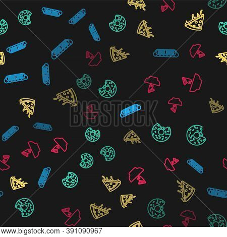 Set Line Hotdog Sandwich, Donut, Slice Of Pizza And Nachos In Plate On Seamless Pattern. Vector