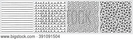 Set of black and white hand drawn patterns. Leopard skin, animal skin, scribbles, lines, doodle loops, spots and shapes on white background.