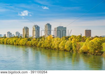 Croatia, City Of Zagreb, Sava River And Modern Towers Skyline In Autumn