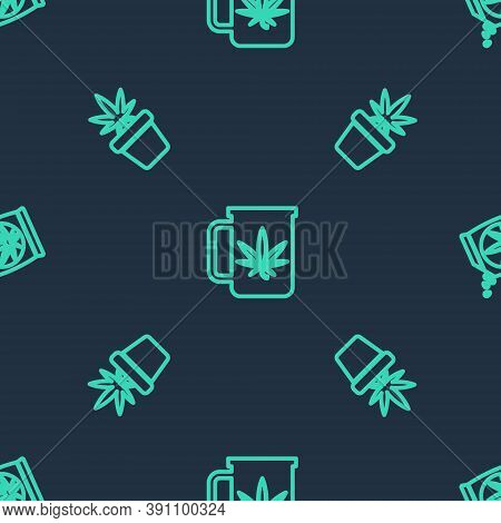 Set Line Cup Tea With Marijuana, Marijuana Plant In Pot And Or Cannabis Seeds On Seamless Pattern. V