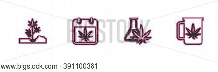 Set Line Planting Marijuana, Test Tube With, Calendar And And Cup Tea Icon. Vector