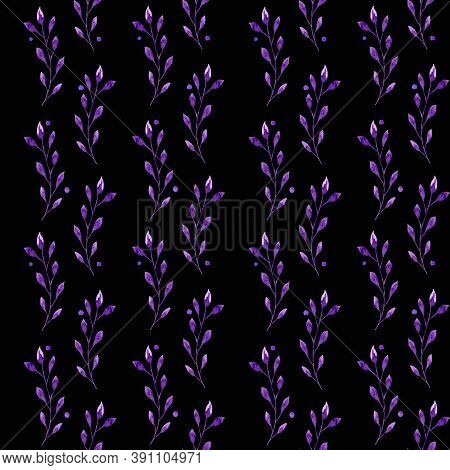 Pattern Lilac Rowan Leaf On A Blak Background Watercolor