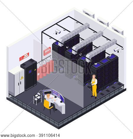 Data Center Isometric Composition With View Of Server Room With Workers Racks And Heat Removing Syst