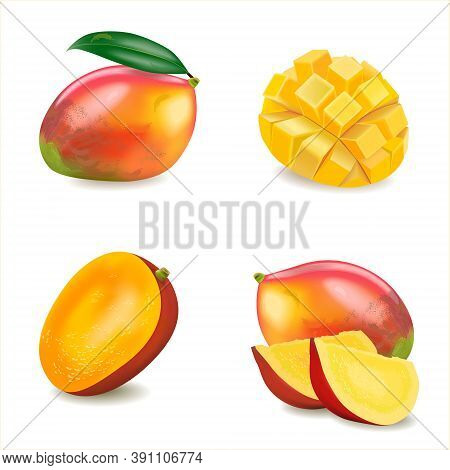 Set Of Ripe Mango And Mango Slice With Cubes Isolated White Background.