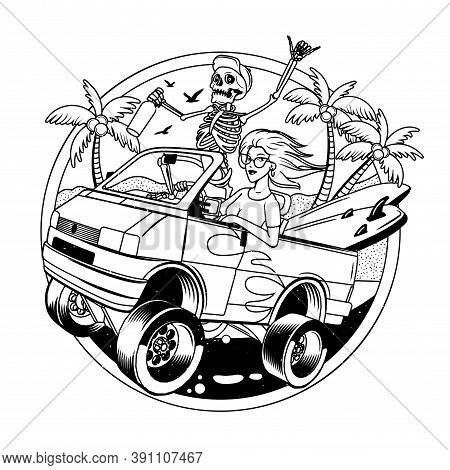 Surfing T-shirt Vector Designs. Surf Van With Crazy Skeleton And Blondie Girl. Vector Illustration.