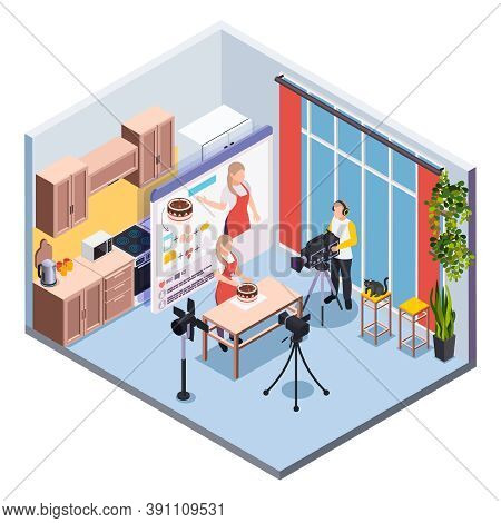 Blogging Isometric Composition With Operator And Confectioner Filming Cooking Show At Kitchen Interi