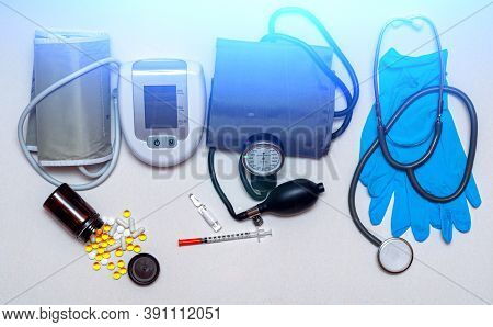 Different Medical Objects On White Background. Health Care. Top View.