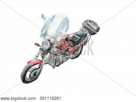 Red Motorcycle Front View In Watercolor Technique