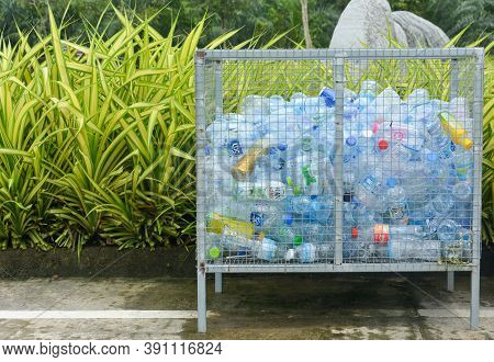Phang Nga, Thailand -  October 16, 2020 : Empty Beverage Bottles In The Trash Bin, Plastic Bottles T