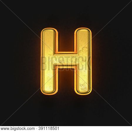 Aged Gold Metalline Alphabet With Orange Outline And Backlight - Letter H Isolated On Black, 3d Illu