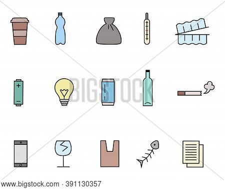 Different Kinds Of Waste Icons Set. Thin Line Style. Colorful Set, Includes Such Icons As Plastic An