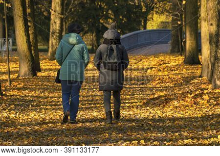 Indian Summer Two Unidentified Women Walk Through A Yellow Park  View Of Their Backs In The Shade