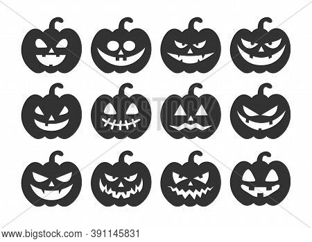 Set Of Halloween Pumpkins Isolated On White Background. Creepy Pumpkins Silhouette. Halloween Concep