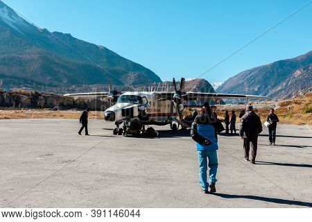 Jomsom, Nepal - November 20, 2017: Light Passenger Aircraft Landed At The Jomsom Airport In Himalaya