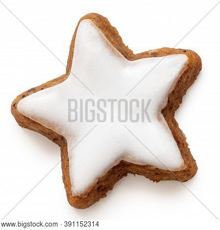 Star Shaped Gingerbread Lebkuchen With White Icing Isolated On White. Top View.