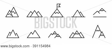 Mountain Line Thin Icon Set. Vector Mountain Landscape Collection.